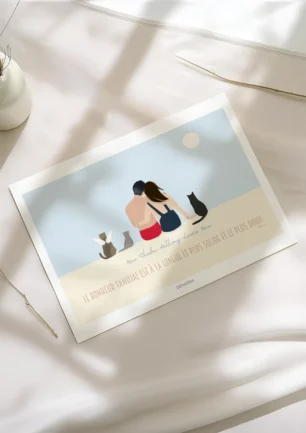 Affiche personnalisée couple et animaux de dos – Illustration minimaliste Affiche personnalisée couple et animaux de dos. Illustration minimaliste de 2 personnes et 3 chats avec prénoms et citation, dessinée par Denadda à partir de plusieurs photos pour un cadeau d'anniversaire.