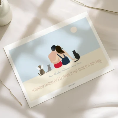 Affiche personnalisée couple et animaux de dos – Illustration minimaliste Affiche personnalisée couple et animaux de dos. Illustration minimaliste de 2 personnes et 3 chats avec prénoms et citation, dessinée par Denadda à partir de plusieurs photos pour un cadeau d'anniversaire.