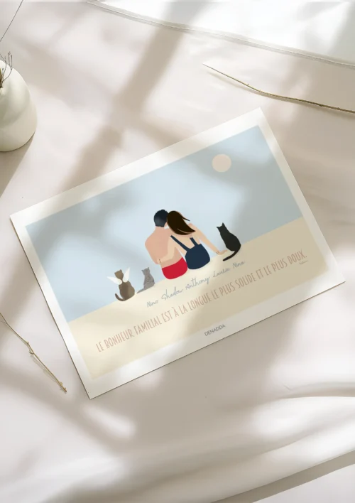 Affiche personnalisée couple et animaux de dos - Illustration minimaliste Affiche personnalisée couple et animaux de dos. Illustration minimaliste de 2 personnes et 3 chats avec prénoms et citation, dessinée par Denadda à partir de plusieurs photos pour un cadeau d'anniversaire.