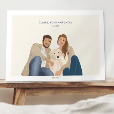 Affiche personnalisée couple et animaux – Illustration Affiche personnalisée couple et animaux, un homme et une femme assis cote à cote avec leur chien sur fond uni avec prénoms et date. Une illustration dessinée par Denadda à partir de photos pour un cadeau de Saint-Valentin.