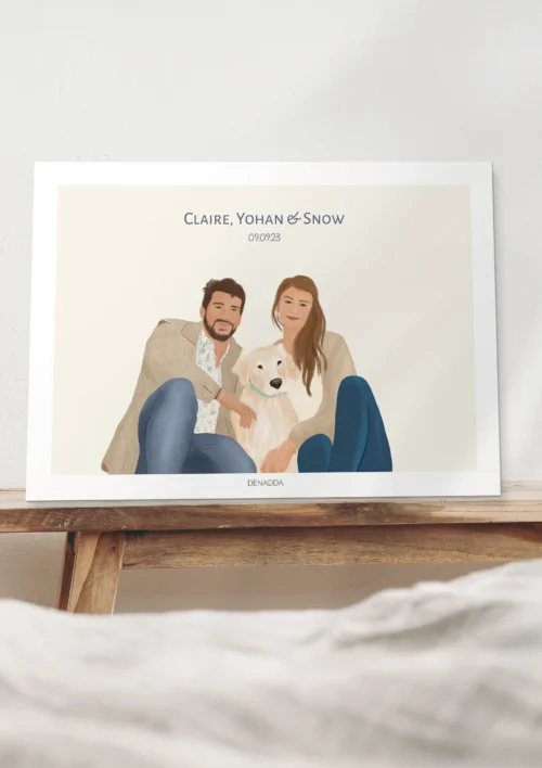 Affiche personnalisée couple et animaux - Illustration Affiche personnalisée couple et animaux, un homme et une femme assis cote à cote avec leur chien sur fond uni avec prénoms et date. Une illustration dessinée par Denadda à partir de photos pour un cadeau de Saint-Valentin.