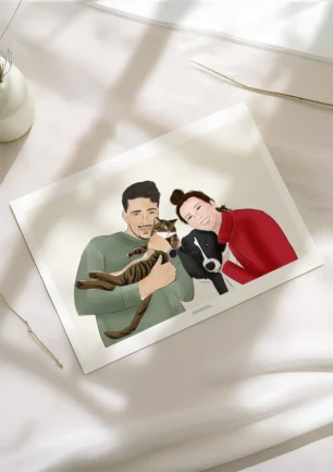Affiche personnalisée couple et animaux dessin 2 personnes avec 1 chat et 1 chien sur fond uni. Un dessin personnalisé par Denadda à partir d’une photo pour un cadeau d'anniversaire.