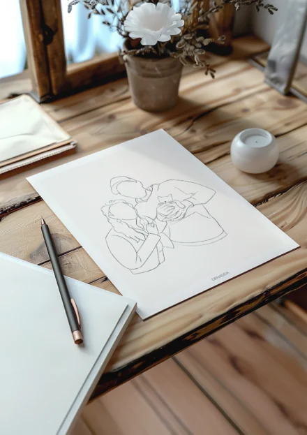 Affiche personnalisée couple et animaux en line art posée sur une table en bois. Dessin minimaliste réalisé d'un seul trait par Denadda. Une idée de cadeau personnalisé pour Noël.