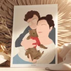 Affiche personnalisée couple et animaux sans visage, un homme à coté de sa femme qui porte un chien sur un fond uni. Illustration minimaliste personnalisée par Denadda à partir d'une photo pour un cadeau d'anniversaire.