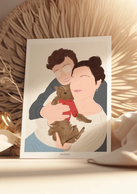 Affiche personnalisée couple et animaux sans visage, un homme à coté de sa femme qui porte un chien sur un fond uni. Illustration minimaliste personnalisée par Denadda à partir d'une photo pour un cadeau d'anniversaire.