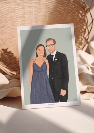 Affiche personnalisée couple sur fond uni. Illustration personnalisée par Denadda à partir d'une photo pour un cadeau de Saint-Valentin.