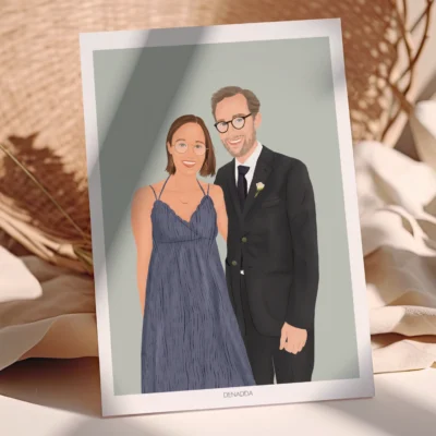 Affiche personnalisée couple sur fond uni. Illustration personnalisée par Denadda à partir d'une photo pour un cadeau de Saint-Valentin.