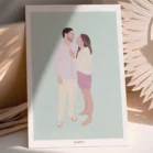 Affiche personnalisée couple sans visage, un homme et une femme cote à cote sur un fond uni. Illustration minimaliste personnalisée par Denadda à partir d'une photo pour un cadeau de Saint-Valentin.
