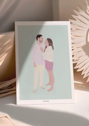 Affiche personnalisée couple sans visage, un homme et une femme cote à cote sur un fond uni. Illustration minimaliste personnalisée par Denadda à partir d'une photo pour un cadeau de Saint-Valentin.
