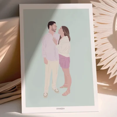 Affiche personnalisée couple sans visage – Illustration minimaliste Affiche personnalisée couple sans visage, un homme et une femme cote à cote sur un fond uni. Illustration minimaliste personnalisée par Denadda à partir d'une photo pour un cadeau de Saint-Valentin.