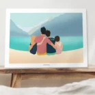Affiche personnalisée d'une famille de 4 personnes de dos au bord d'un lac avec montagne en arrière-plan. Une illustration minimaliste dessinée par Denadda à partir de plusieurs photos. Cadeau personnalisé poétique pour un anniversaire.