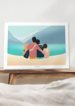 Affiche personnalisée d'une famille de 4 personnes de dos au bord d'un lac avec montagne en arrière-plan. Une illustration minimaliste dessinée par Denadda à partir de plusieurs photos. Cadeau personnalisé poétique pour un anniversaire.