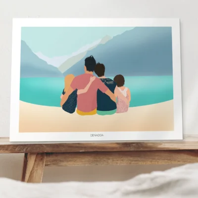 Affiche personnalisée d'une famille de 4 personnes de dos au bord d'un lac avec montagne en arrière-plan. Une illustration minimaliste dessinée par Denadda à partir de plusieurs photos. Cadeau personnalisé poétique pour un anniversaire.