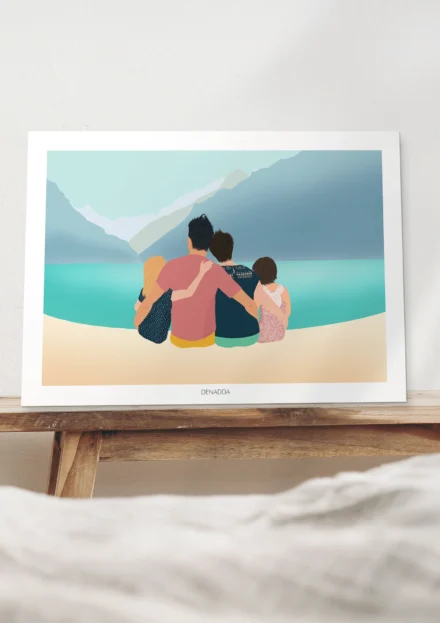 Affiche personnalisée d'une famille de 4 personnes de dos au bord d'un lac avec montagne en arrière-plan. Une illustration minimaliste dessinée par Denadda à partir de plusieurs photos. Cadeau personnalisé poétique pour un anniversaire.