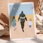 Affiche personnalisée famille de dos, Illustration de 3 personnes de dos dessinée par Denadda à partir d'une photo pour un cadeau de fête des pères.