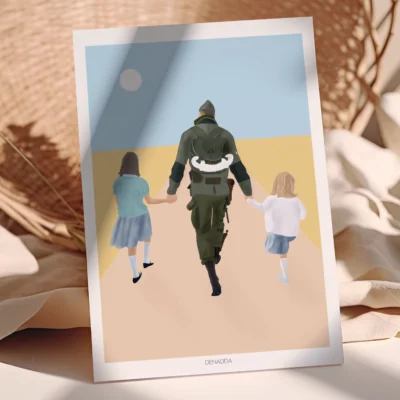 Affiche personnalisée famille de dos – Illustration Affiche personnalisée famille de dos, Illustration de 3 personnes de dos dessinée par Denadda à partir d'une photo pour un cadeau de fête des pères.