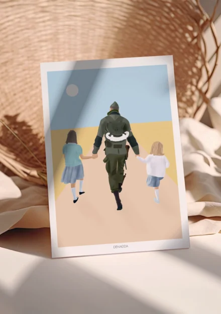 Affiche personnalisée famille de dos, Illustration de 3 personnes de dos dessinée par Denadda à partir d'une photo pour un cadeau de fête des pères.