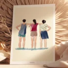 Affiche personnalisée famille de 3 personnes de dos sur fond uni. Un dessin personnalisé par Denadda à partir d'une photo pour un cadeau d'anniversaire.