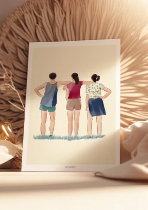 Affiche personnalisée famille de 3 personnes de dos sur fond uni. Un dessin personnalisé par Denadda à partir d'une photo pour un cadeau d'anniversaire.