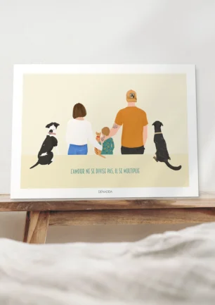 Affiche personnalisée famille et animaux de dos – Illustration minimaliste Affiche personnalisée famille et animaux de dos, 3 personnes, 1 chat et 2 chiens avec citation sur fond jaune uni. Illustration minimaliste dessinée par Denadda à partir d'une photo pour un cadeau d'anniversaire.