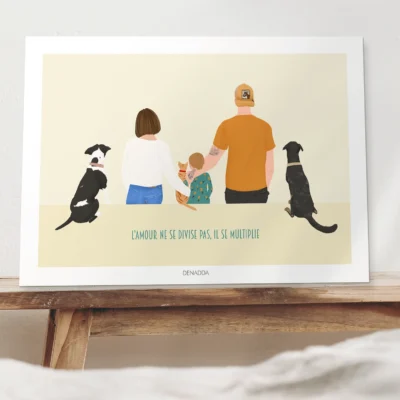 Affiche personnalisée famille et animaux de dos – Illustration minimaliste Affiche personnalisée famille et animaux de dos, 3 personnes, 1 chat et 2 chiens avec citation sur fond jaune uni. Illustration minimaliste dessinée par Denadda à partir d'une photo pour un cadeau d'anniversaire.