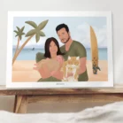Affiche personnalisée famille et animaux. Papa, maman, bébé et chat avec décor de plage en arrière plan. Illustration personnalisée par Denadda à partir d'une photo pour un cadeau d'anniversaire.