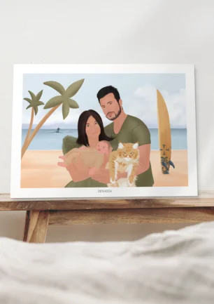 Affiche personnalisée famille et animaux. Papa, maman, bébé et chat avec décor de plage en arrière plan. Illustration personnalisée par Denadda à partir d'une photo pour un cadeau d'anniversaire.