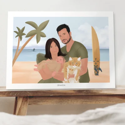 Affiche personnalisée famille et animaux – Illustration Affiche personnalisée famille et animaux. Papa, maman, bébé et chat avec décor de plage en arrière plan. Illustration personnalisée par Denadda à partir d'une photo pour un cadeau d'anniversaire.