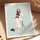 Affiche personnalisée famille et animaux dessin d'une femme avec un chat noir sur fond uni. Un dessin personnalisé par Denadda à partir d’une photo pour souhaiter une bonne fête de fin d'année.