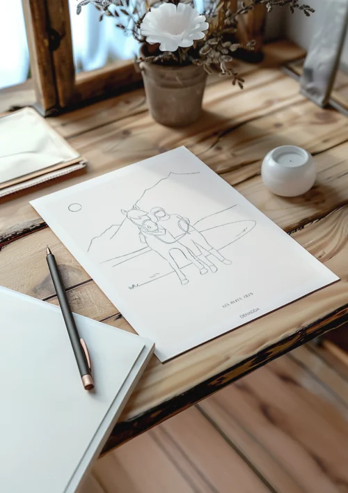 Affiche personnalisée famille et animaux - Dessin minimaliste Affiche personnalisée famille et animaux, dessin minimaliste d'une femme avec un cheval dans les alpes. Une création de Denadda pour un cadeau d'anniversaire.