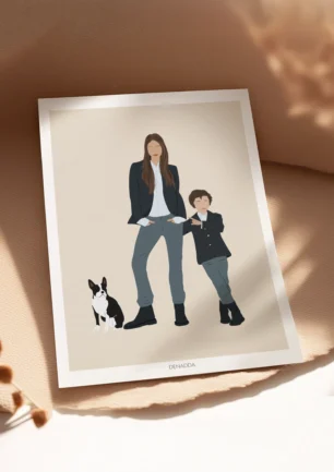 Affiche personnalisée famille et animaux sans visage, une maman avec son enfant et son chien sur un fond uni. Illustration minimaliste personnalisée par Denadda à partir d'une photo pour un cadeau de noël.