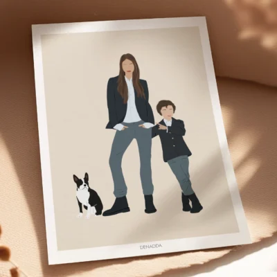 Affiche personnalisée famille et animaux sans visage – Illustration minimaliste Affiche personnalisée famille et animaux sans visage, une maman avec son enfant et son chien sur un fond uni. Illustration minimaliste personnalisée par Denadda à partir d'une photo pour un cadeau de noël.