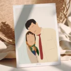 Affiche personnalisée famille sans visage, une maman et son fils cote à cote sur un fond uni. Illustration minimaliste personnalisée par Denadda à partir d'une photo pour un cadeau de fête des mères.