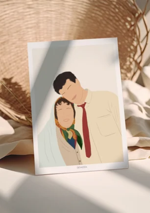 Affiche personnalisée famille sans visage, une maman et son fils cote à cote sur un fond uni. Illustration minimaliste personnalisée par Denadda à partir d'une photo pour un cadeau de fête des mères.