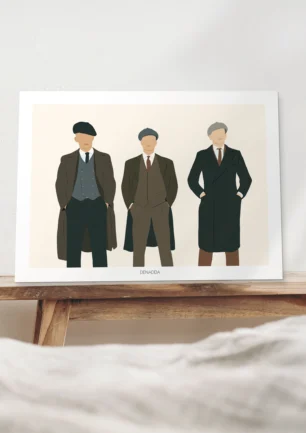 Affiche personnalisée Peaky Blinders, un portrait sans visage de 3 personnes sur fond uni. Illustration minimaliste personnalisée par Denadda.