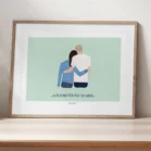 Cadre personnalisé couple de dos avec citation sur fond uni. Illustration minimaliste personnalisée par Denadda à partir d'une photo pour un cadeau de Saint-Valentin pour la décoration intérieure d'un salon.