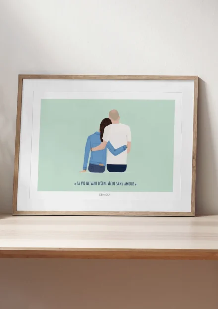 Cadre personnalisé couple de dos avec citation sur fond uni. Illustration minimaliste personnalisée par Denadda à partir d'une photo pour un cadeau de Saint-Valentin pour la décoration intérieure d'un salon.