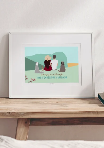 Cadre personnalisé couple et animaux de dos, 2 personnes, 1 chat et 2 chiens avec prénoms et citation. Illustration minimaliste personnalisée par Denadda à partir de plusieurs photos pour un cadeau de Noël comme décoration de chambre.