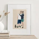 Cadre personnalisé couple et animaux dessin 2 personnes avec 1 chat sur fond uni. Dessiné par Denadda à partir d'une photo pour un cadeau de de Saint-Valentin comme décoration de chambre.