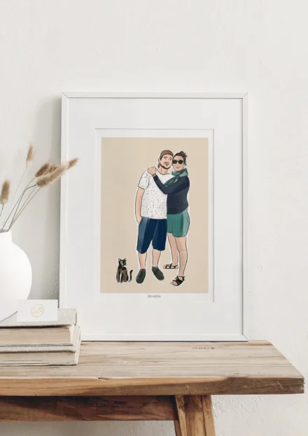 Cadre personnalisé couple et animaux dessin 2 personnes avec 1 chat sur fond uni. Dessiné par Denadda à partir d'une photo pour un cadeau de de Saint-Valentin comme décoration de chambre.