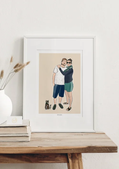 Cadre personnalisé couple et animaux - Dessin Cadre personnalisé couple et animaux dessin 2 personnes avec 1 chat sur fond uni. Dessiné par Denadda à partir d'une photo pour un cadeau de de Saint-Valentin comme décoration de chambre.