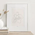 Cadre personnalisé couple et animaux d'un dessin minimaliste en noir et blanc d'une femme, un homme et un chat. Création de Denadda illustrée à partir d'une photo pour une décoration de salon.