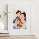 Cadre personnalisé couple et animaux sans visage sur fond beige uni. Illustration personnalisée minimaliste réalisée par Denadda à partir d'une photo pour un cadeau d'anniversaire comme décoration intérieure.
