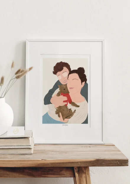Cadre personnalisé couple et animaux sans visage sur fond beige uni. Illustration personnalisée minimaliste réalisée par Denadda à partir d'une photo pour un cadeau d'anniversaire comme décoration intérieure.