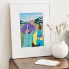 Cadre personnalisé couple à la montagne dans les Pyrénées. Une illustration personnalisée par Denadda à partir d’une photo pour un cadeau de Noël comme décoration de chambre.