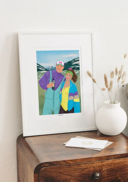 Cadre personnalisé couple à la montagne dans les Pyrénées. Une illustration personnalisée par Denadda à partir d’une photo pour un cadeau de Noël comme décoration de chambre.