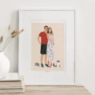 Cadre personnalisé famille animaux​, 2 parents, 1 bébé, 1 chat et 1 lapin sur fond uni. Une illustration réalisée par Denadda à partir de plusieurs photos pour un cadeau personnalisé à Noël comme décoration de salon.