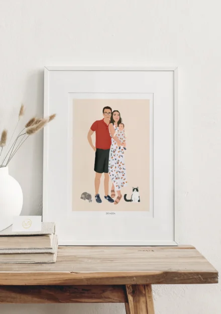 Cadre personnalisé famille animaux​, 2 parents, 1 bébé, 1 chat et 1 lapin sur fond uni. Une illustration réalisée par Denadda à partir de plusieurs photos pour un cadeau personnalisé à Noël comme décoration de salon.