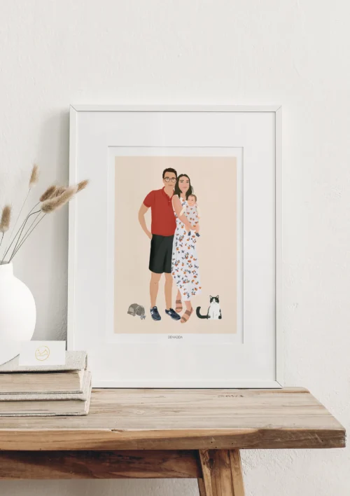 Cadre personnalisé famille et animaux - Illustration Cadre personnalisé famille animaux, 2 parents, 1 bébé, 1 chat et 1 lapin sur fond uni. Une illustration réalisée par Denadda à partir de plusieurs photos pour un cadeau personnalisé à Noël comme décoration de salon.