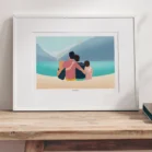 Cadre personnalisé famille de dos 4 personnes assis au bord d'un lac avec montagne en arrière-plan - Portrait de famille de dos personnalisé par Denadda dans le style illustration minimaliste à partir de plusieurs photos.